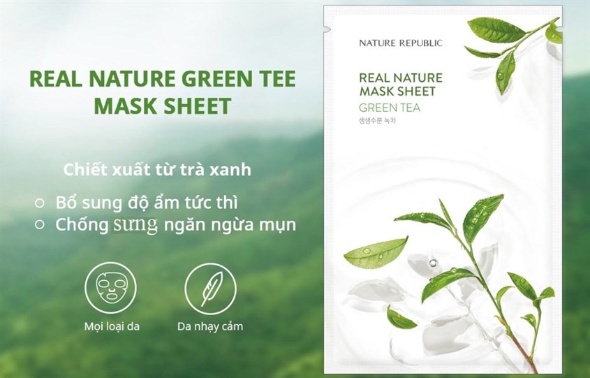 Mặt nạ giấy Trà Xanh cấp ẩm, ngăn ngừa mụn Nature Republic Real Nature Green Tea 23 ml