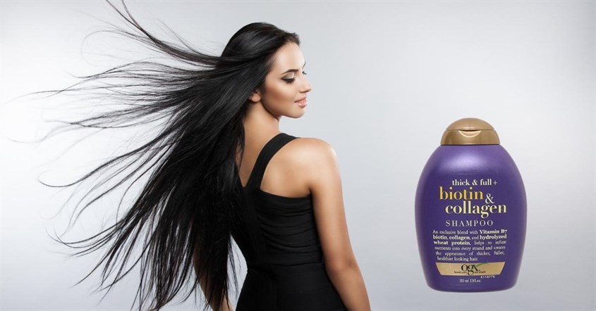 Dầu gội OGX Thick Full Biotin Collagen 385ml phục hồi tóc nhanh chóng, giúp tóc bồng bềnh
